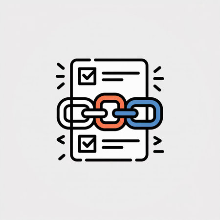 A simple vector illustration depicts a document with checkmarks linked by a three-link chain in coral orange and blue against a light gray background.のイラスト素材