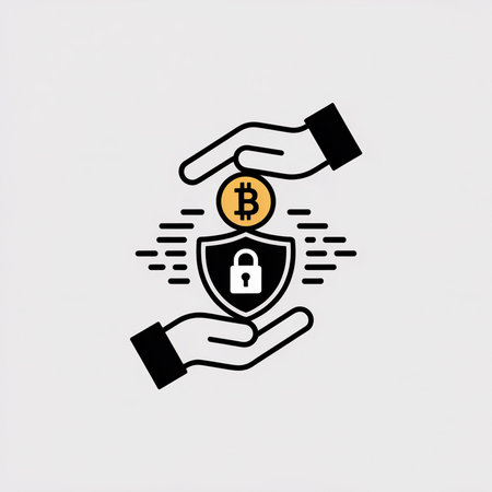 Black line art icon depicts two hands protecting a bitcoin coin inside a shield with a lock symbol.  Orange bitcoin coin contrasts with black and white elements. Simple, clean style.のイラスト素材