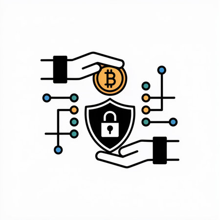 A minimalist vector illustration depicts a secure bitcoin transaction two hands interacting with a bitcoin coin and a protected shield digital network connections are shown in orange teal and blueのイラスト素材