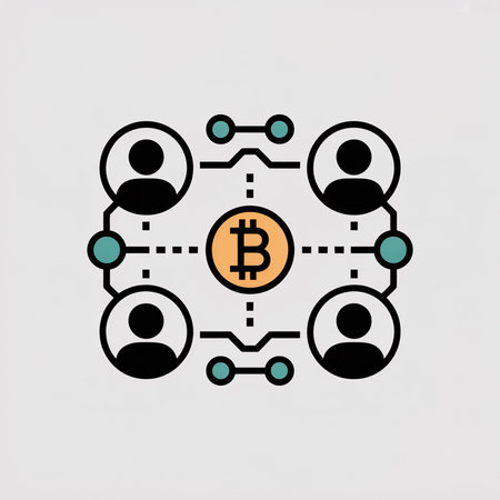Minimalist icon depicting a bitcoin cryptocurrency network four user profiles connected by lines and...