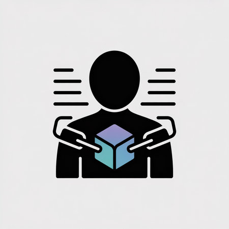Black silhouette of a person holding a teal and purple cube connected by chains against a light gray...