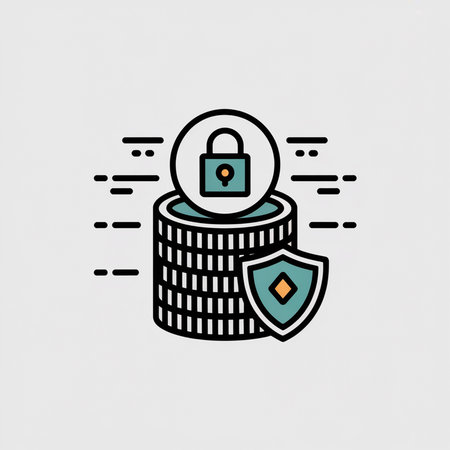 Teal and black line art icon depicting a stack of coins secured by a shield and padlock symbol on a light gray background.  Minimalist style.のイラスト素材