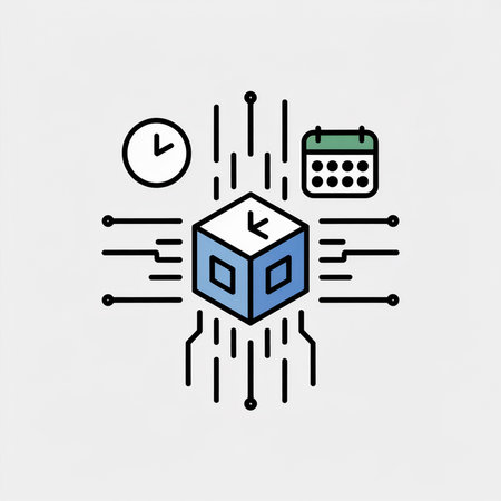 A simple vector illustration depicts a blue cube at the center connected to circuit lines with a clock and calendar nearby suggesting time management or data processingのイラスト素材