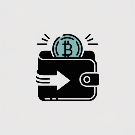 A minimalist vector illustration shows a black wallet with a teal bitcoin coin and a rightward arrow suggesting a cryptocurrency transaction.  The style is simple and flat.のイラスト素材