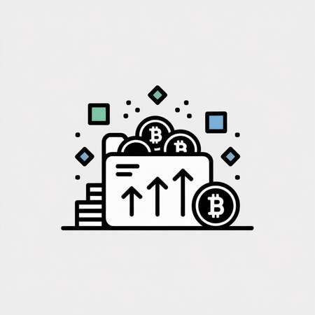 A minimalist vector illustration depicts a white folder filled with Bitcoin coins three upward arrows and a stack of coins.  Light green and blue geometric shapes surround it.のイラスト素材
