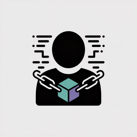 Black silhouette person holds teal and purple cube encircled by chains against a light gray background with a stylized data stream.のイラスト素材