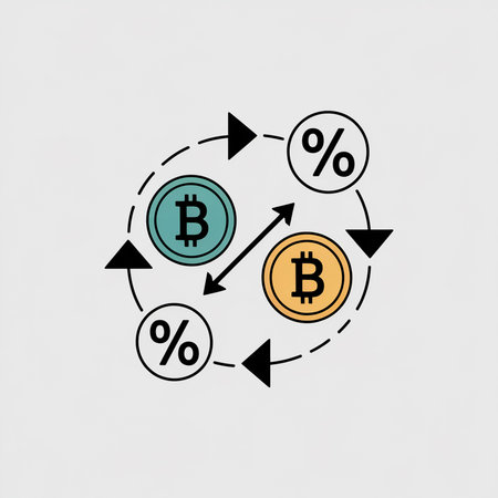 Circular icon depicting teal and orange Bitcoin coins exchanging with percentage symbols representing interest rates Arrows indicate the flow of transactions Minimalist flat designのイラスト素材