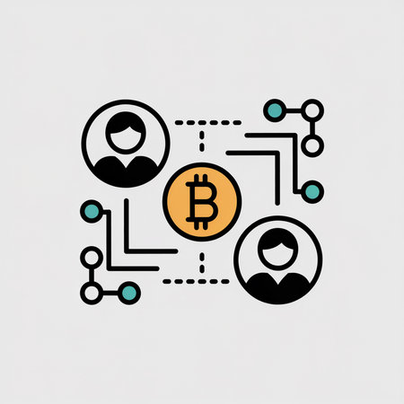 Minimalist vector illustration depicting a bitcoin transaction network two black profile icons connected by lines and circles an orange bitcoin symbol is centeredのイラスト素材