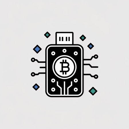A minimalist black and white illustration depicts a Bitcoin hardware wallet featuring a circuit board design USB port and small teal and blue square elements against a light gray background.のイラスト素材