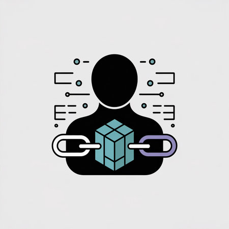 Black silhouette person holds teal cube linked by white and purple chains against a light grey background with a simple data network design.のイラスト素材