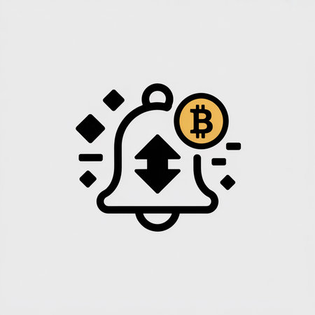 Black bell icon with upward and downward arrows inside a gold bitcoin coin nearby.  Simple, minimalist vector style on a light gray background.のイラスト素材