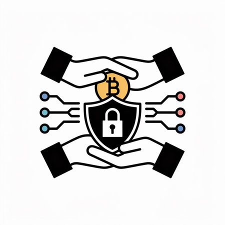 Minimalist vector illustration featuring two hands protecting a bitcoin coin resting on a black shield with a white lock inside.  Circuit board connections surround the shield.  Colors are black, white, orange, and light blue.のイラスト素材