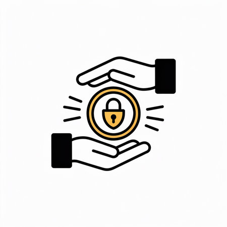 Black outline illustration of two hands protecting a gold padlock inside a yellow circle on a white background.  Simple line art style.のイラスト素材
