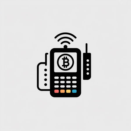 A simple black outline vector icon shows a wireless payment terminal displaying a Bitcoin symbol on its screen colorful buttons are visible at the bottom. The style is minimalist and flat.のイラスト素材