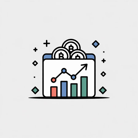 A simple icon shows a blue tab with an upward trending bar graph in orange red blue and green  Three Bitcoin coins sit atop the tab against a light grey background with small plus and diamond shapes.のイラスト素材