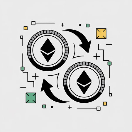 Two black Ethereum coins with gray outlines are shown exchanging via black arrows on a light gray background.  Simple geometric line art elements in yellow, green, and teal add visual interest.のイラスト素材