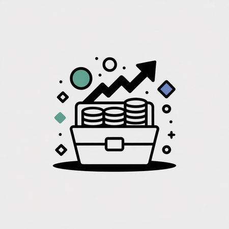 A simple black line art illustration depicts a chest overflowing with stacks of coins and a rising black arrow indicating growth.  Teal and blue geometric shapes add visual interest against a light gray background.のイラスト素材