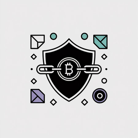 Black shield icon with Bitcoin symbol inside encircled by a chain surrounded by small teal and purple geometric shapes on a light gray background.  Minimalist vector style.のイラスト素材