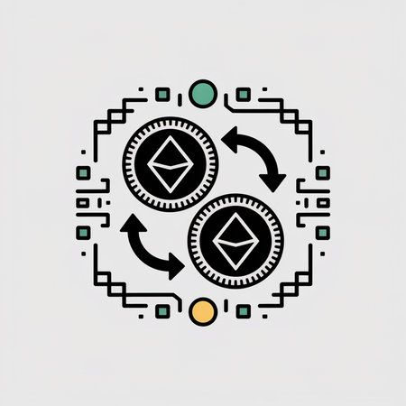 Two black Ethereum coins with white symbols are shown exchanging within a stylized circuit board frame. Teal and yellow circles are included in the design.  The style is minimalist and vector.のイラスト素材