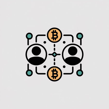Simple vector illustration featuring two black user icons connected by lines and orange Bitcoin symbols teal nodes. Minimalist style with clean lines.のイラスト素材