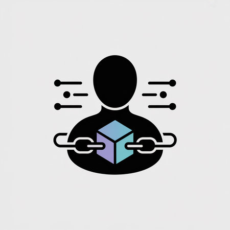 A simple black silhouette of a person holds a teal and purple cube encircled by a chain link against a light gray background Data streamlines extend from the figure's shouldersのイラスト素材