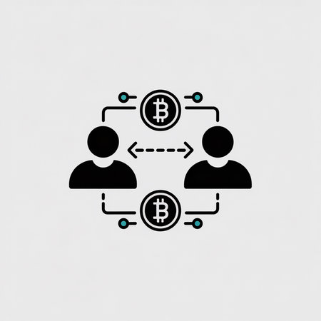 A minimalist vector icon shows two black user silhouettes exchanging bitcoin represented by black coins with a teal accent.  Dashed lines connect the users and coins against a light gray backdrop.のイラスト素材