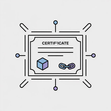 A minimalist vector illustration depicts a certificate with a purple and blue cube and a chain link. The design is simple and clean with pastel colors against a light gray background.のイラスト素材