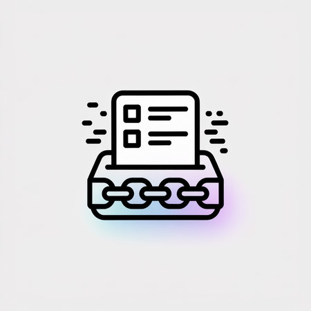 A simple black line art vector icon shows a document with checkboxes entering a box secured by a chain link against a light gray background with a subtle pastel gradient effect on the box.のイラスト素材