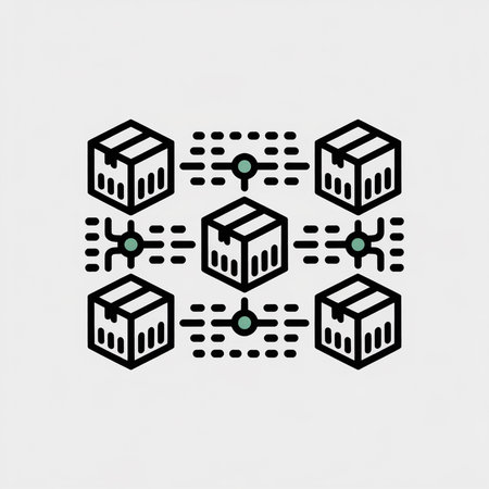 A minimalist vector illustration shows five black isometric cardboard boxes connected by a teal network of nodes on a light gray background. The style is simple and clean.のイラスト素材