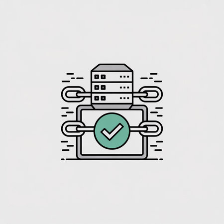 Gray server icon linked by chains to a green check mark inside a square. Minimalist line art style vector illustration on light gray background.のイラスト素材
