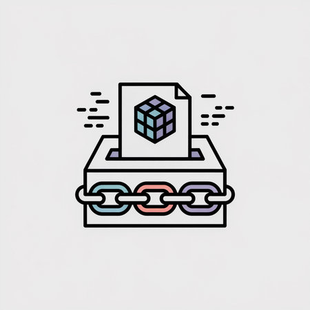 A pastel-colored 3D cube inside a document is shown entering a box secured by a chain. The style is minimalist vector illustration.のイラスト素材