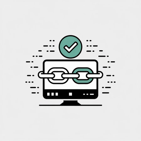 A minimalist vector illustration depicts a computer monitor with a chain link symbol inside and a green check mark above it suggesting a successful connection.  The style is simple line art with black and green accents on a white background.のイラスト素材