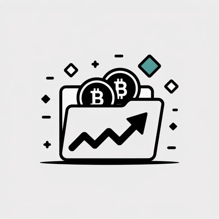 A minimalist vector icon shows a black file folder containing two bitcoin symbols An upward trending graph is inside the folder.  Teal and white geometric shapes are scattered around. The background is light gray.のイラスト素材