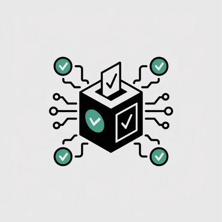 Isometric illustration of a black cube ballot box with teal checkmarks connected by a digital network  representing secure online voting.のイラスト素材