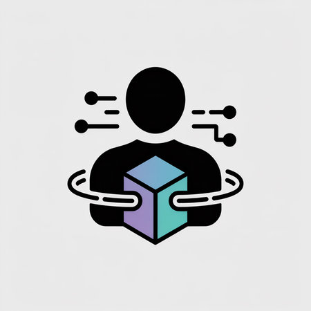 A simple black silhouette of a person holds a pastel purple and teal 3D cube surrounded by connecting lines against a light gray background.  The style is minimalist and flat.のイラスト素材