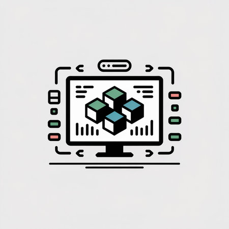 A simple vector illustration shows four pastel-colored cubes displayed on a computer monitor screen...