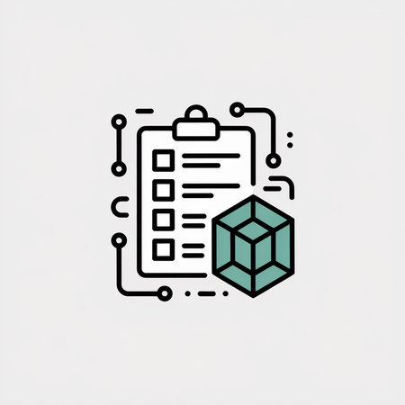 Teal cube 3D model next to checklist on clipboard black lines white background minimalist vector...