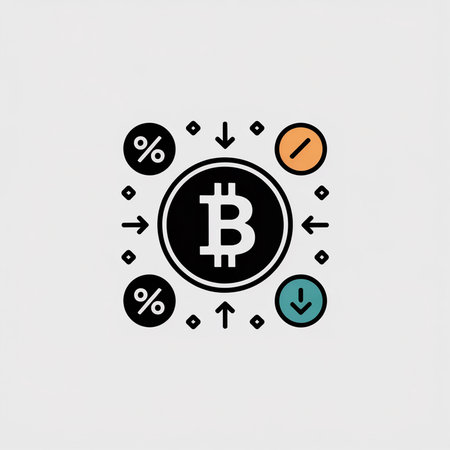A simple vector icon shows a black Bitcoin symbol encircled by arrows indicating price fluctuations percentage signs and plusminus symbols in teal orange and white against a light gray backdropのイラスト素材