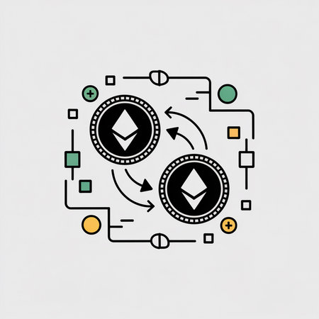 Two black Ethereum coins with white symbols exchange within a simple circuit board style network featuring green teal orange and yellow accents.  Minimalist vector illustration.のイラスト素材