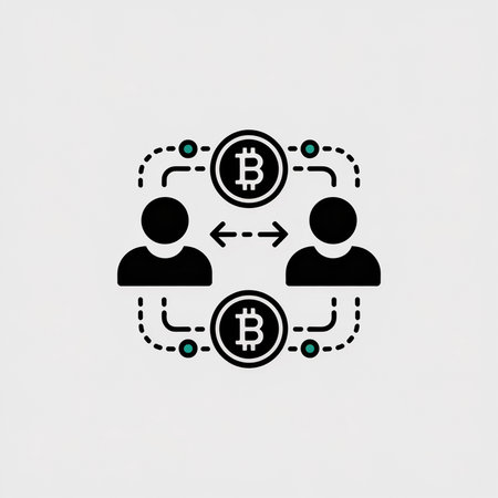 Two black user icons exchange bitcoin represented by black and white icons connected by dashed lines and teal circles on a light gray background.  Simple vector style.のイラスト素材