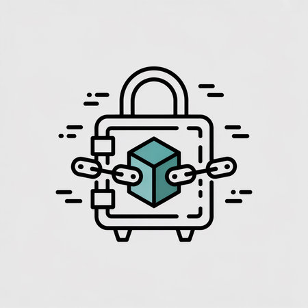 A minimalist line art icon shows a teal cube inside a black padlock safe with a chain link extending out.  The style is simple and flat against a light gray background.のイラスト素材