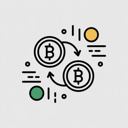 Two black Bitcoin coins with a B symbol exchange via curved arrows.  Simple vector illustration with green and yellow circles and lines on a light gray background.のイラスト素材