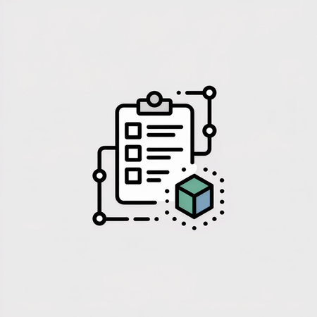 Minimalist vector icon depicting a checklist on a clipboard connected to a teal and blue 3D cube via lines and dots on a white background.  Black outlines and a simple style.のイラスト素材