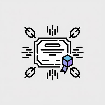A minimalist vector illustration depicts a certificate surrounded by blockchain symbols a purple and blue cube with a ribbon suggesting secure digital asset certification.  The style is clean and simple line art.のイラスト素材