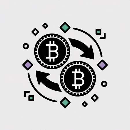 Minimalist vector illustration featuring two black Bitcoin coins exchanging via black arrows against a light gray background.  Small teal, purple, and white geometric shapes surround the coins.のイラスト素材