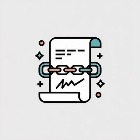 A simple vector illustration depicts a white document secured by a teal and coral chain link against a light gray background. Small decorative elements are included.のイラスト素材