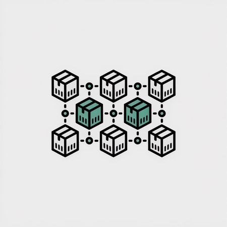 A simple vector illustration depicts a network of gray and teal isometric cardboard boxes connected...