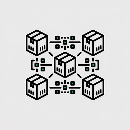 A minimalist vector illustration shows six black outlined cardboard boxes connected by lines with...