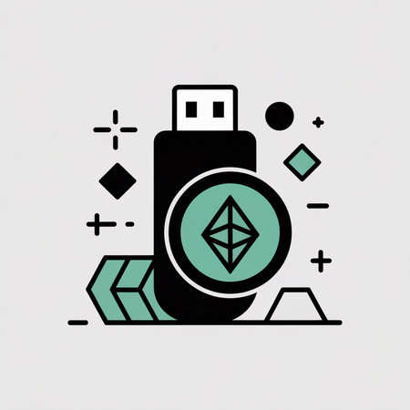A minimalist illustration depicts a black USB drive with a teal Ethereum coin emblem The background features simple geometric shapes in black and teal on a light gray backdrop.のイラスト素材