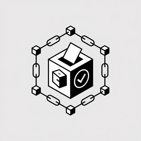 Isometric vector illustration of a ballot box with a check mark and blockchain links in black and white minimalist style.のイラスト素材